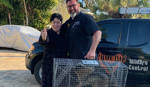 Seminole Homeowner Posing Happily with Pest Control Expert Holding Caught Raccoon
